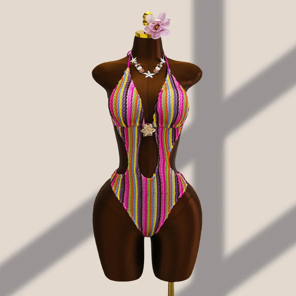Vintage Black Striped One Piece Swimwear Women 2026 3D Metal Flower Hollow Out Backless Beach Holiday Bathing Suit Swimsuit