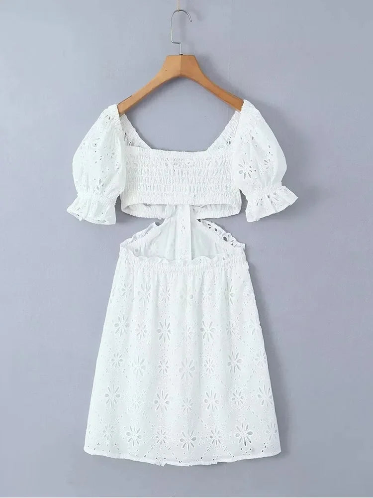 Foridol White Lace Cotton Dress V Neck Off Shoulder Sexy Beach Short Dress Summer Women Buttons Cut Out Mini Beach Sundress 2025