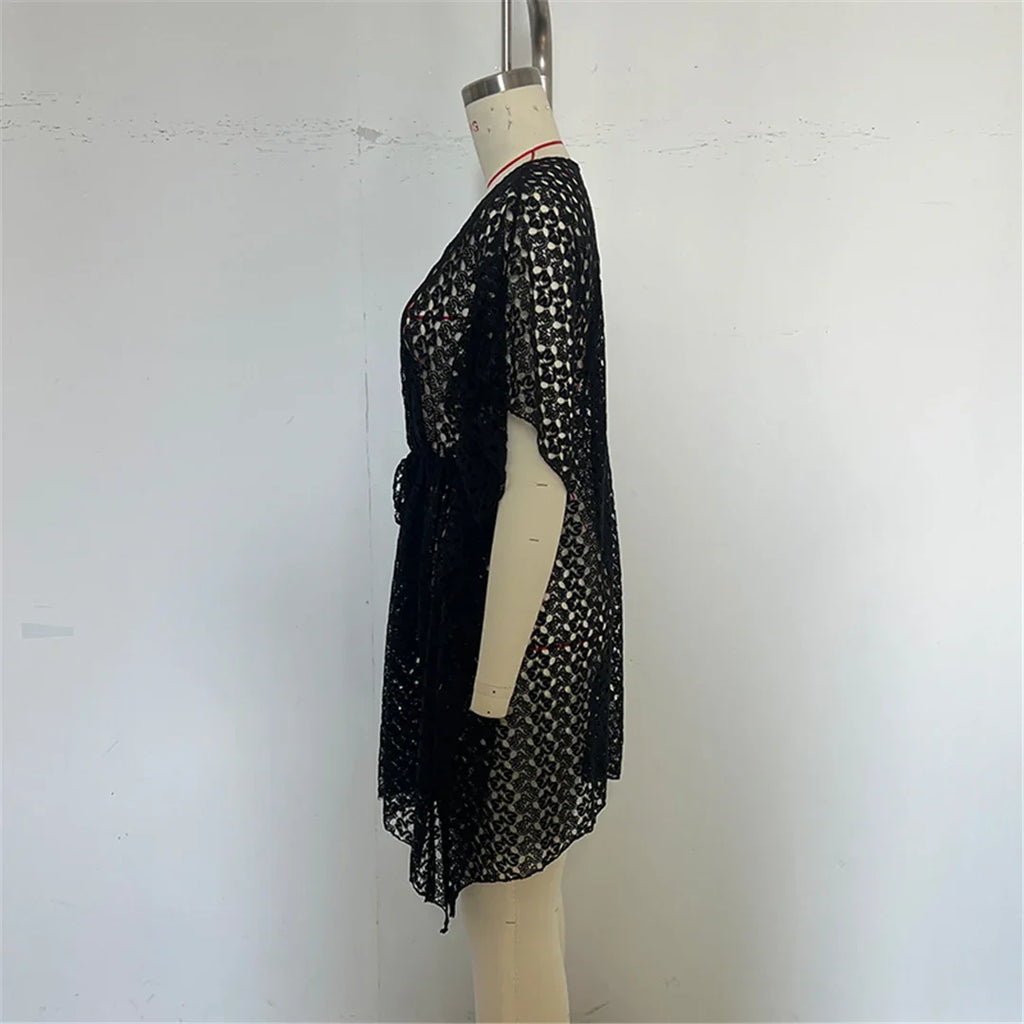 2025 V Neck Short Sleeve Hollow Out Knitted Tunic Beach Cover Up Cover-ups Beach Dress Beach Wear Beachwear Female Women K6535