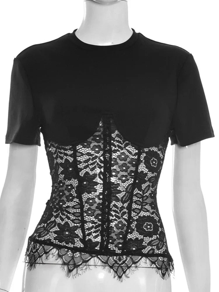 FDYOUI Woman Clothing Lace Patchwork Corset T-shirt 2026 Elegant Sexy Short Sleeve See-through Black Tops Y2K Girls T-shirts