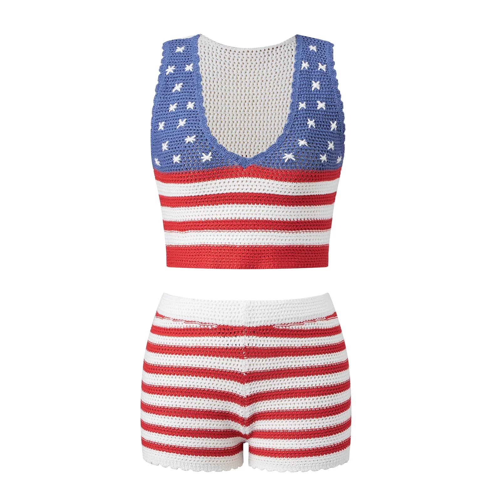 Women Knit 2 Piece Sets for Independence Day Sleeveless V Neck Tank Tops and High Waist Shorts Sets Summer