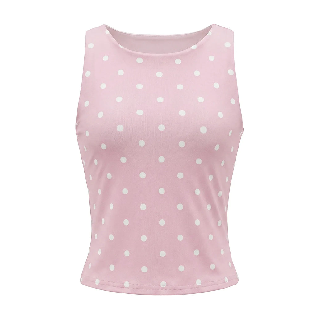 Women Dot Print Tank Tops Summer Crew Neck Sleeveless Classic Slim Fit Crop Vest