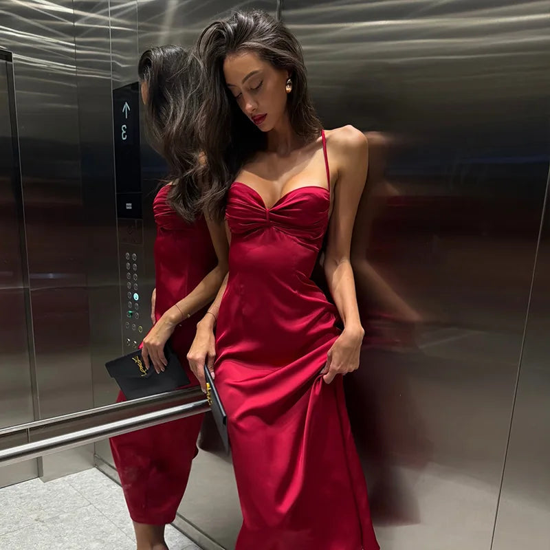 Ahagaga Summer Sexy Club Women's Fashion Bow Strap Dresses V-Neck Long Y2K Sleeveless Solid Skin Summer Party Evening Bodycon