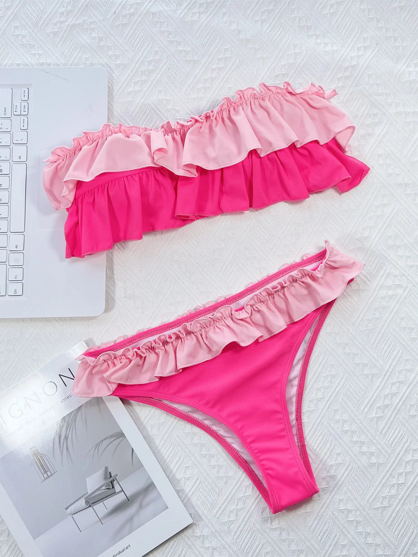 Ruffle Block Color Bikini Set Women 2026 Sexy Strapless Off-Shoulder Swimsuit Sexy High Waist Backless Bathing Suit Beachwear