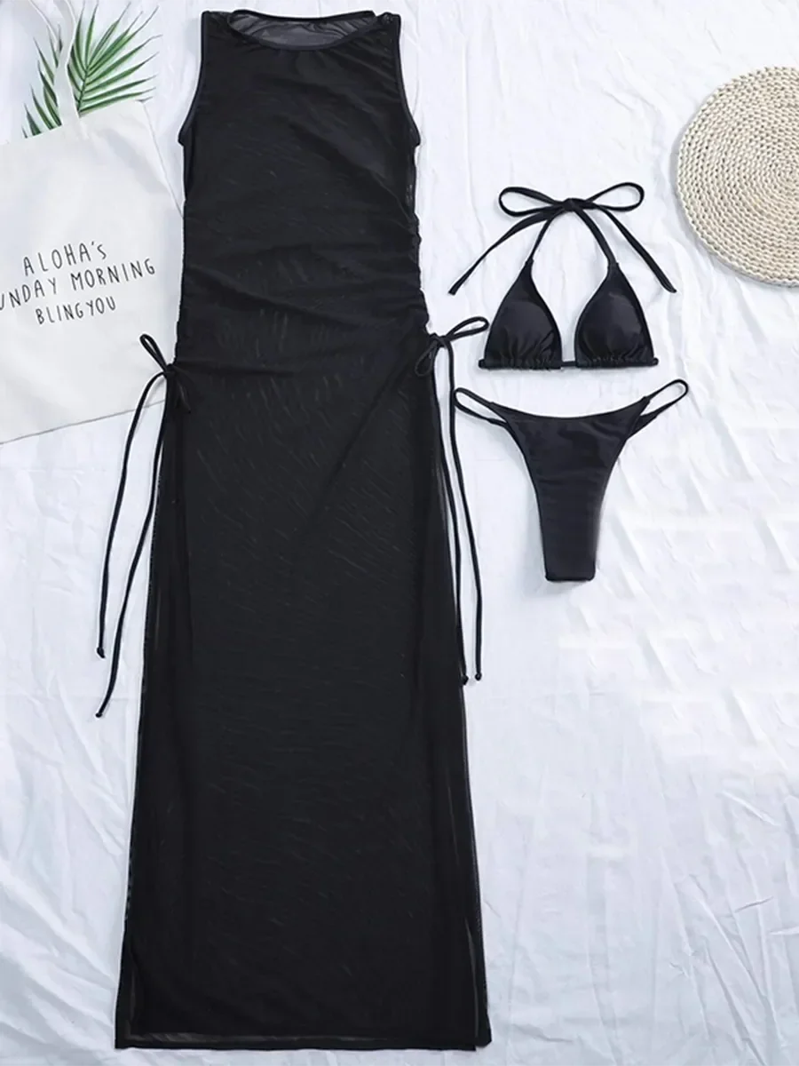 3 Pieces Thong Bikini 2026 Women With Dress String Swimwear Female Solid Swimsuit Beach Wear Bathing Swimming Suit Summer