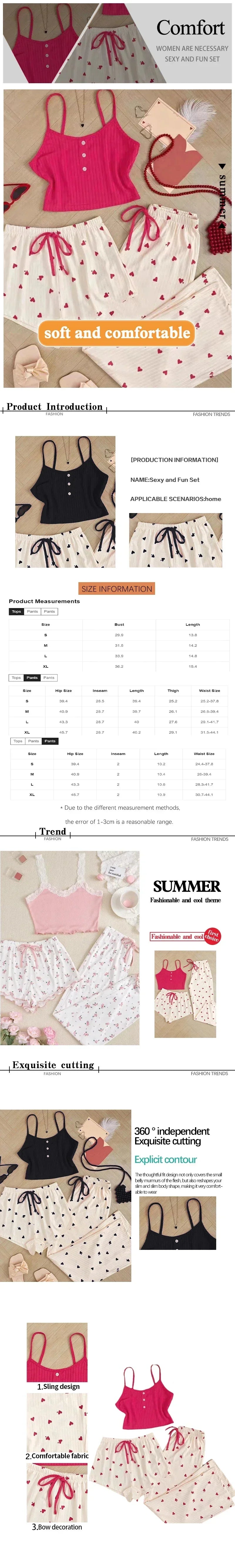 3 Pieces Pajamas Set Women Sleepwear Casual Heart-Shaped Printed Vest and Shorts and Pants Sets Homewear Pijamas