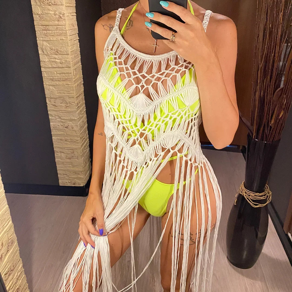 3 Colors Hollow Out Fringe Tassel Knitted Crochet Tunic Beach Cover Up Cover-ups Beach Dress Beach Wear Beachwear Female V3847