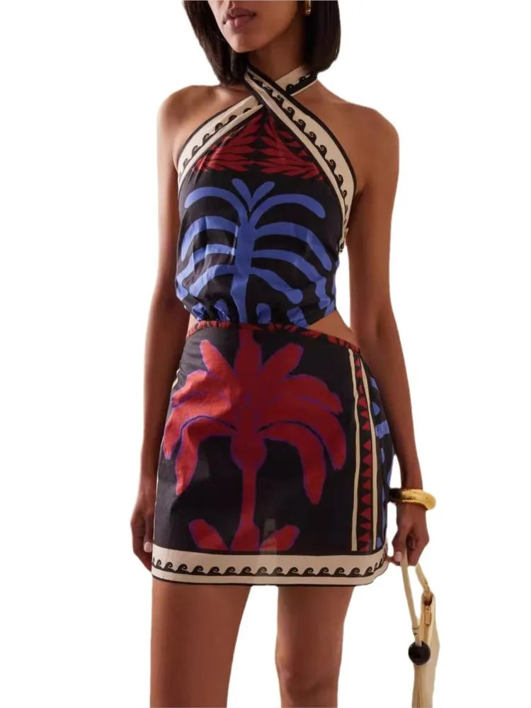 Bohemian Print Halter Neck Mini Dresses Women Sexy Backless Leace-up Beach Vacation Dress Fashion Beachwear Vestidos Summer New