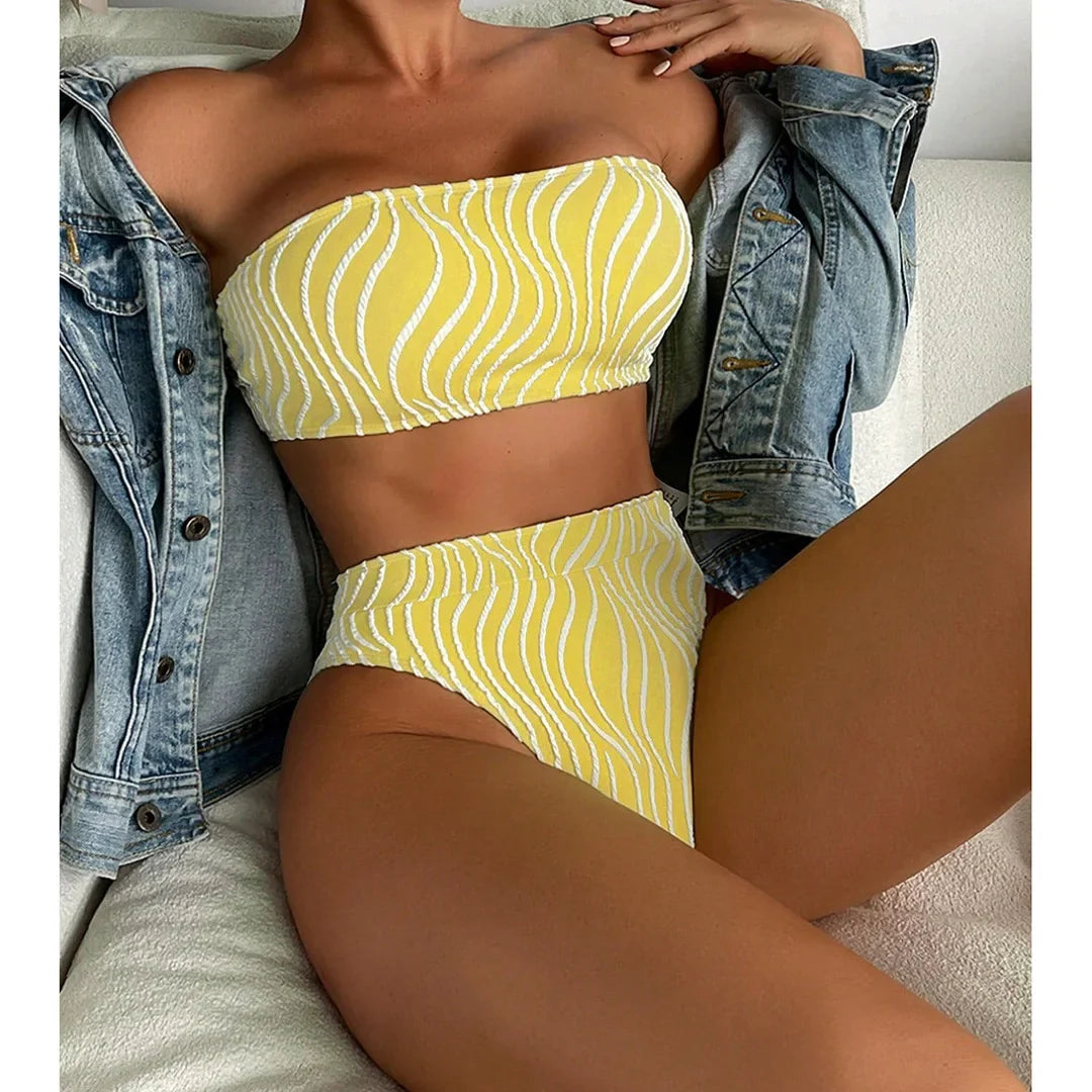 Sexy Wave Striped Bandeau High Waist Bikini Female Swimsuit Women Swimwear Two-Pieces Bikini Set Bather Bathing Suit Swim V5445