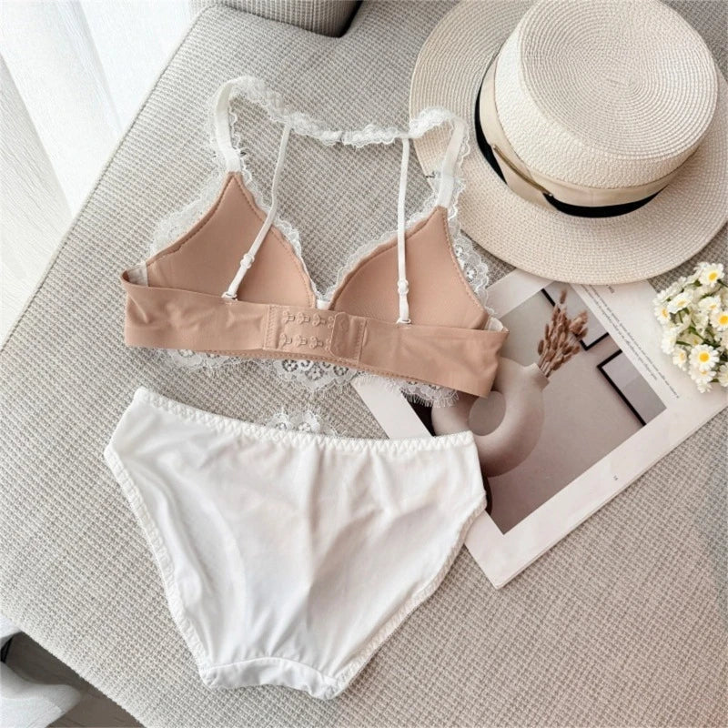 Deep V Halter Neck Bra Set French Style, Lace Push Up Bralette for Small Chest, Sexy Wireless Triangle Bra Set MOYISU Sexy Tushy