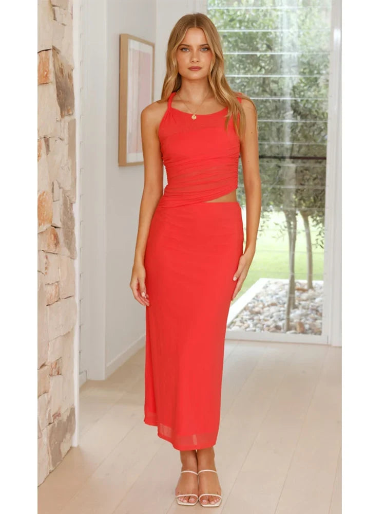 Foridol Mesh Bodycon Long Dresses Women Elegant Summer Yellow Party Dress Cut Out One Shoulder Tank Maxi Vestidos 2025 New Dress