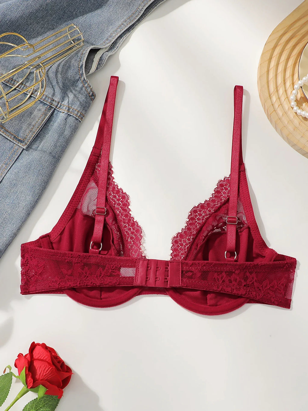 Red High-Quality Lace Bra Sexy Steel Ring Lifted Semi-Transparent Women's Underwear Lingerie for Enhanced Femininity