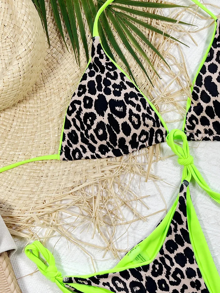 Zebra Print Halter micro Bikini 2025 women Bandeau String Swimsuit Female swimwear Neon Shiny bikini set Leopard Bathing Suit