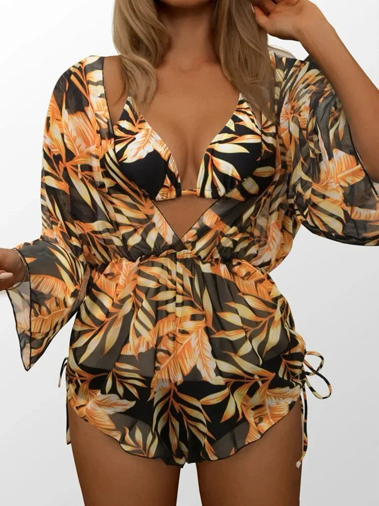 New Summer Women Geometric Print 3 Pieces Swimsuit Drawstring Mesh Bodysuit+Micro Bikini Swimwear Push Up Bathing Suit Beachwear