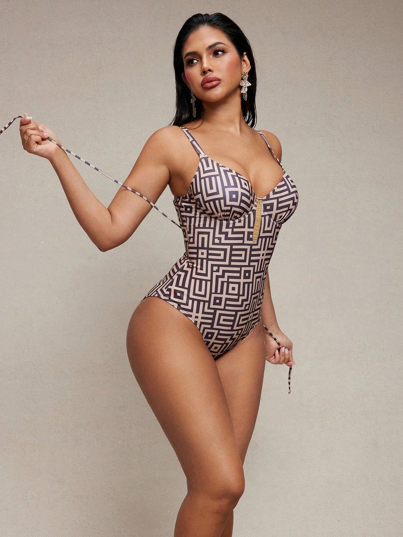 Sexy Coffee Geometry Print One Piece Swimsuit 2026 Women Underwire Push Up Bandage Back Cross Slim Fit Bathing Suit Swimwear