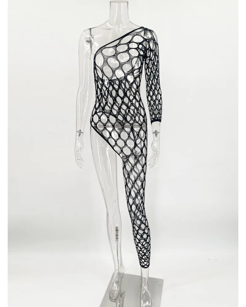 Toucheart Sexy Lingerie Women's Jumpsuit Shiny Diamond Fishing Net One-sleeved Leg Jumpsuit Sexy Hollow Out See-through Jumpsuit