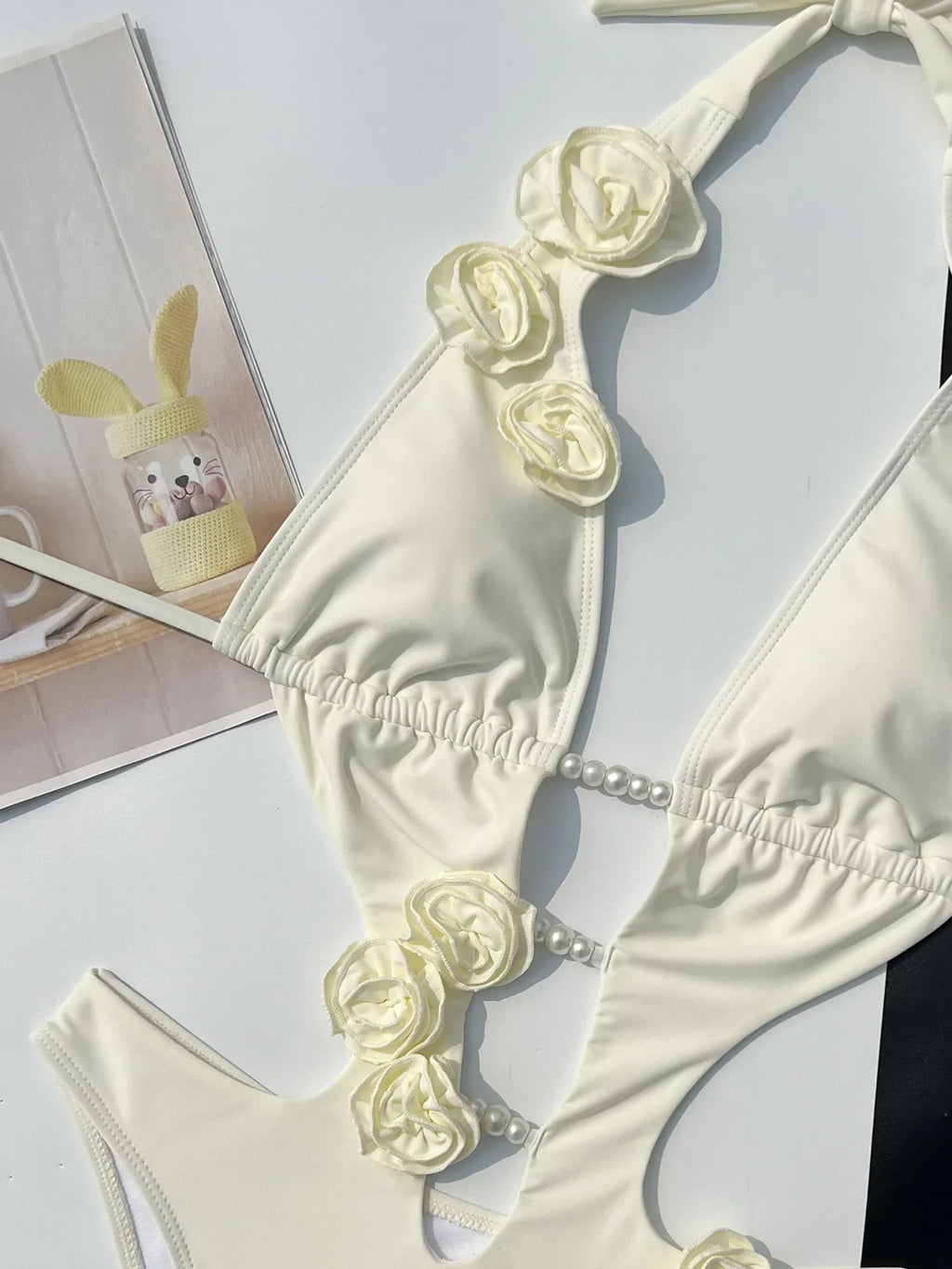 Sexy Pearls 3D Flower Swimwear Women 2026 Red Hollow Out Bandage Backless Thong Bikini Bathing Suit One Piece Swimsuit Monokini