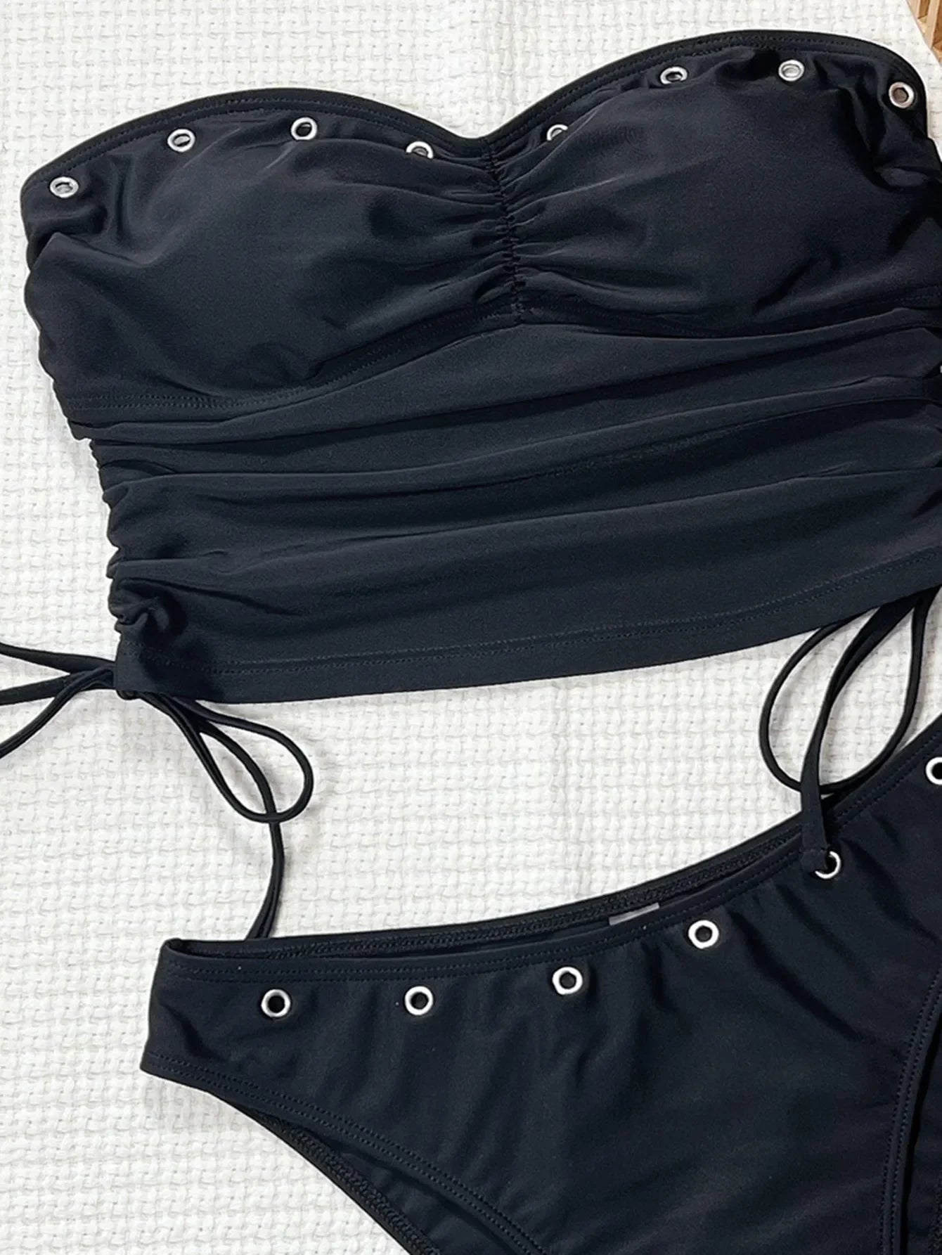 Vintage Bandeau Bikini Set Women Black Drawstring Side Push Up Top Two Piece Swimsuit 2026 Summer Holiday Bathing Suit Swimwear