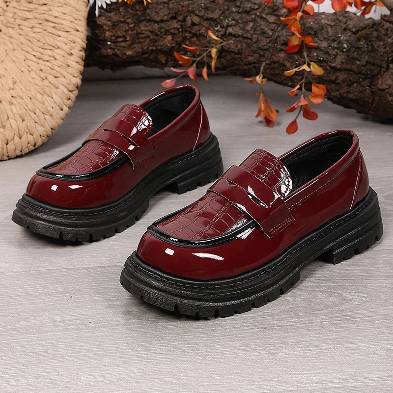 Patent Leather Chunky Platform Loafers Women British Style Plus Size 43 Thick Heel Pumps Woman Slip On Round Toe Oxford Shoes
