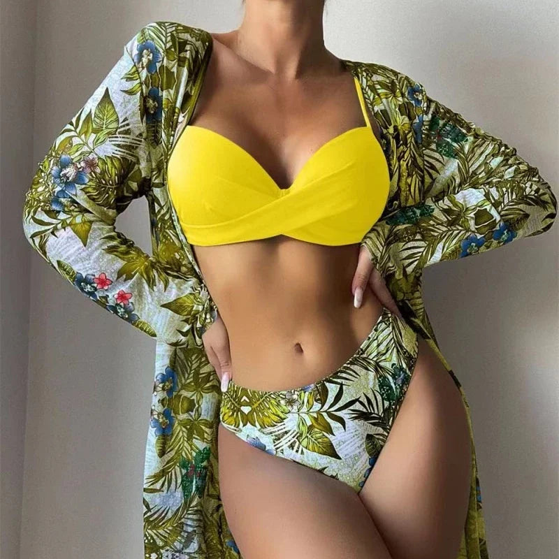 Boho Style Women's 3 Pieces Swimsuit Floral Bikini Set+Long Sleeve Cover-Up Swimwear Sexy Low Waist Tankinis Beachwear Holiday