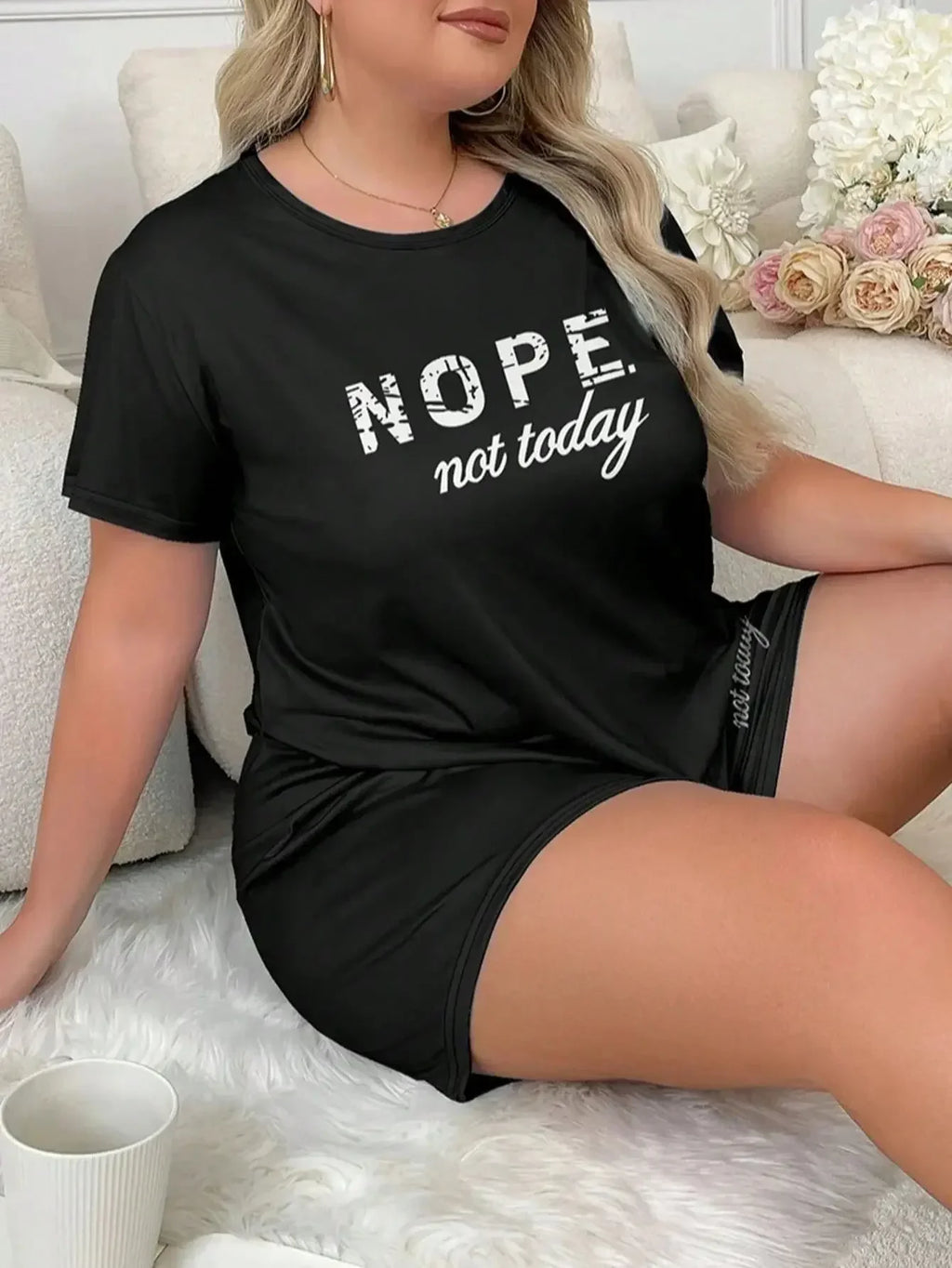Plus Size 3XL 4XL 5XL Casual Loungewear Letters Print Pajamas Set Women's Short Sleeve Tee And Elastic Shorts Homewear