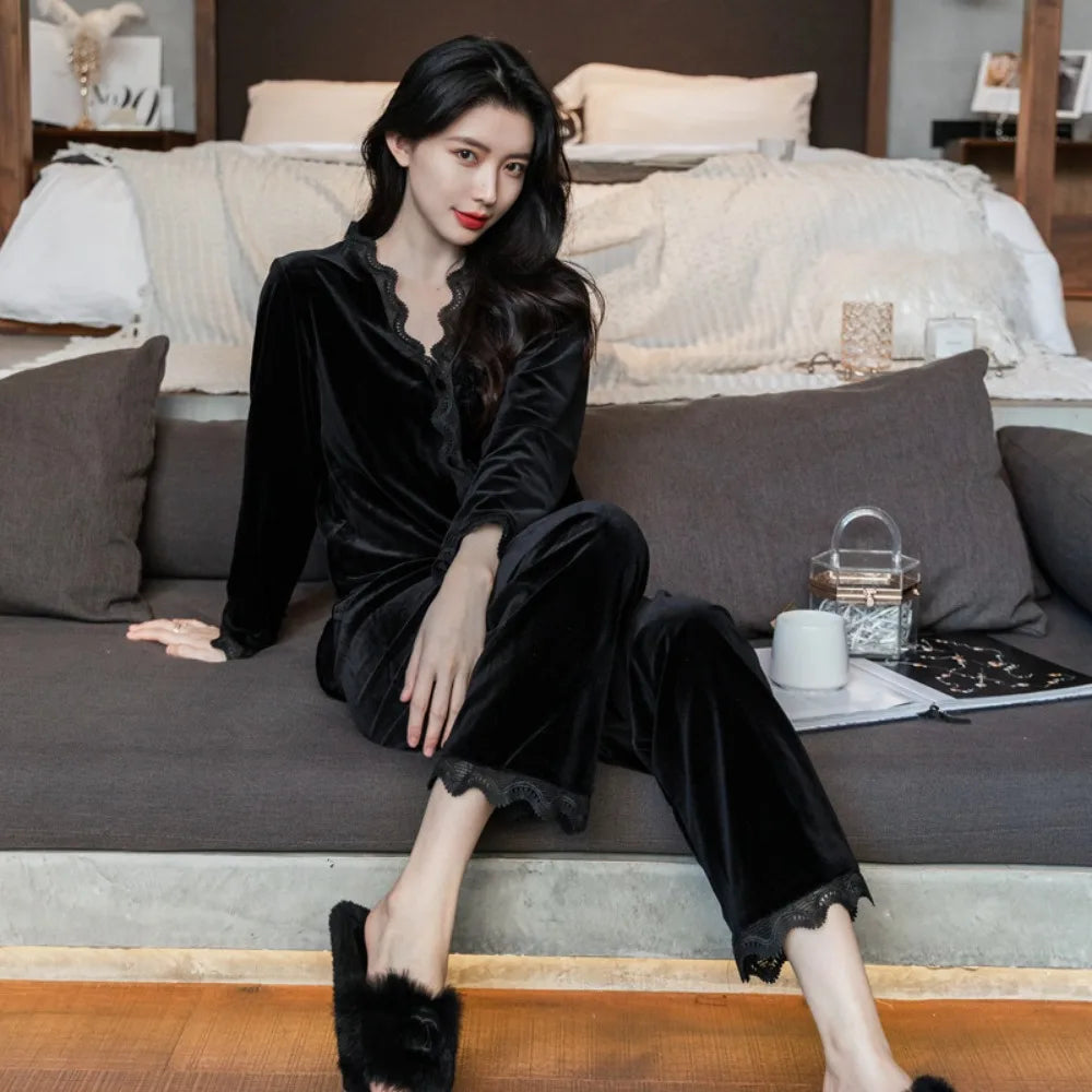 Pajamas gold velvet long sleeve lace cardigan set sexy home wear