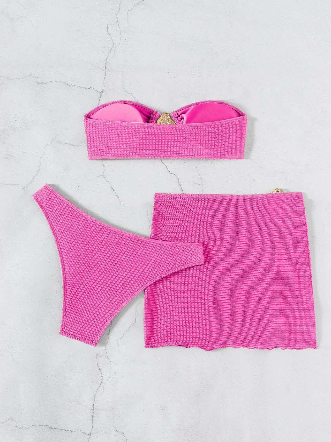 With Skirt Wrinkled Bandeau Bikini Female Swimsuit Women Swimwear Three-pieces Bikini Set Metal Ring Bathing Suit Swim Beachwear