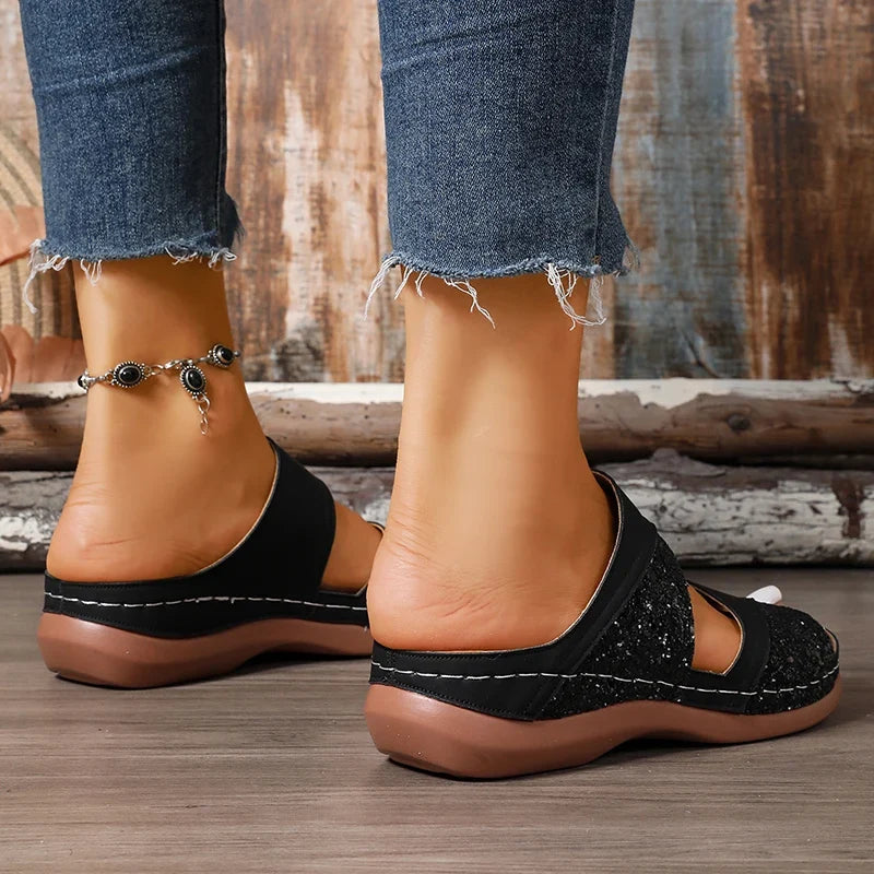 Golden Glitter Platform Sandals for Women Summer Lightweight Wedge Heel Sandles Woman Plus Size 43 Thick Sole Sandalias Mujer