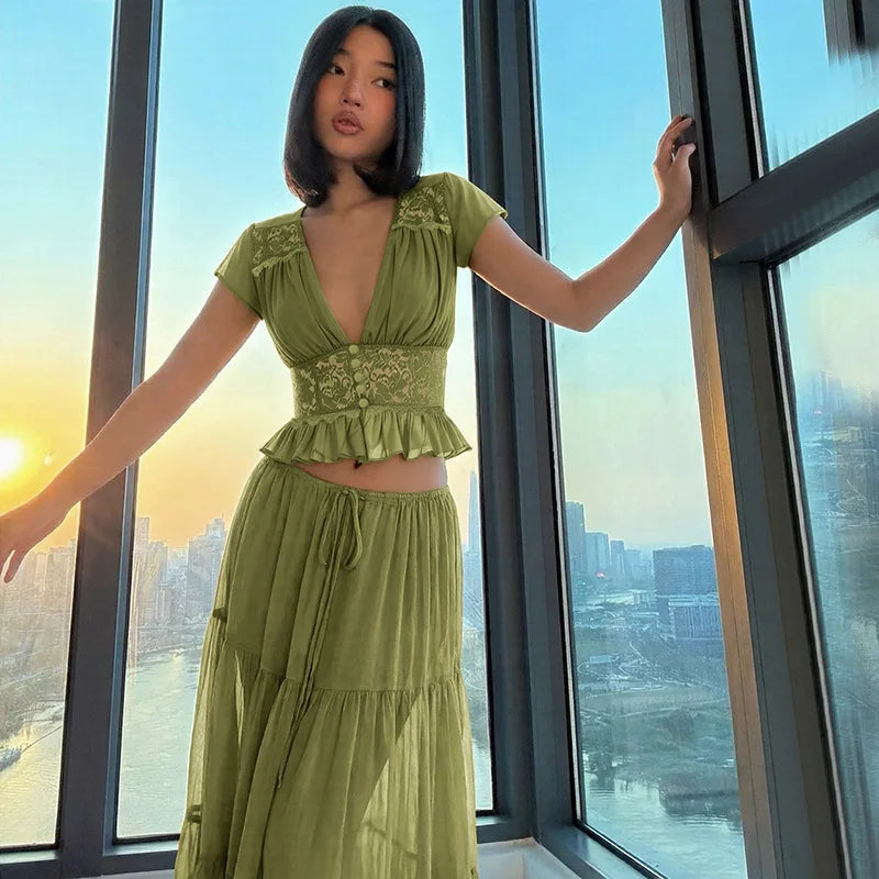 FDYOUI Sexy V-neck Lace Patchwork T-shirt Tops+Long Skirt 2 Piece Set Women's Summer Green Holiday Party Dress Suit Streetwear