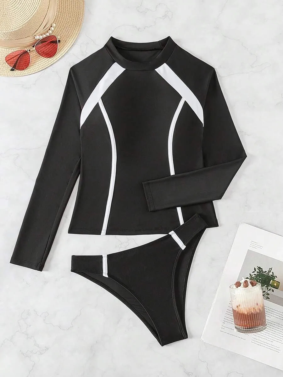 2026 Long Sleeves Slim Swimsuit Women 2 Pieces Solid Swimwear Female Rush Guard Bathing Swimming Swim Surf Suit Beachwear XXL