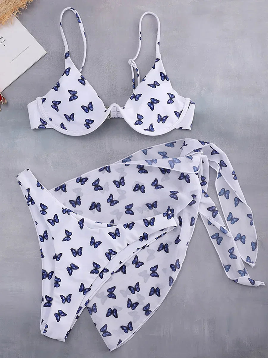 Butterfly Print Underwired V-Bar Bikini Women Swimsuit Female Swimwear Three-pieces Bikini Set Push Up Bathing Suit Beach Sarong