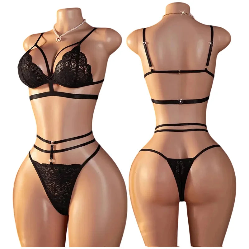 Sexy Lingerie Open Bra Set Transparent Lace  Deep V Open Bra And Panty Sets Erotic Costumes Women Sleepwear Plus Size Underwear