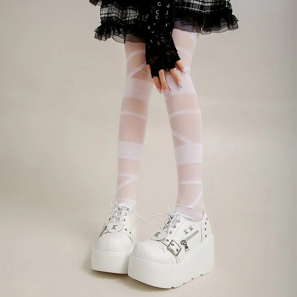 Size 42 Gothic Black Platform Creepers Shoes White Smooth Faux Leather Goth Creepers E-girl Chunky Lace Up Lolita Casual Shoes