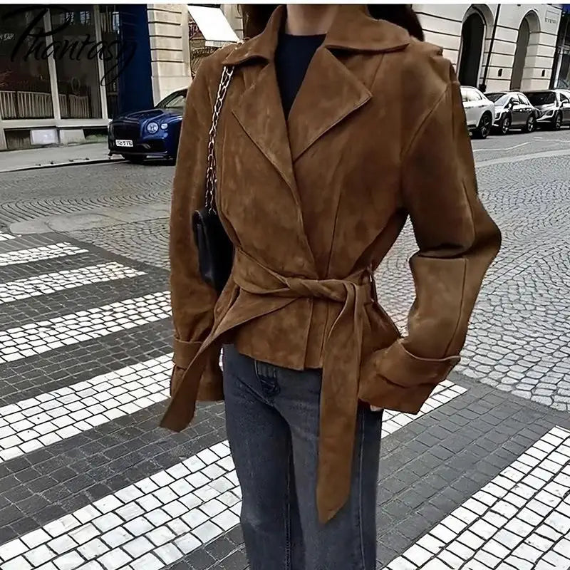 Phantasy Fashion Vintage Belt-Down Jacket Autumn Winter V-Neck Commuter Brown Suit Casual Style High-End Women's Clothing 2025