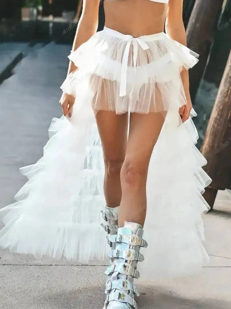 White Ruffled Tiered Tulle Over Wrap Skirts Women Sheer Mesh Summer Maxi Skirt Low Long Beach Tulle Skirt Bridal Detachable FR8E