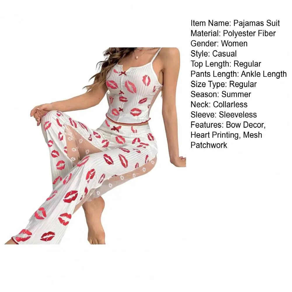 2 Pcs/Set Women Vest Pants Suit Homewear Sleepwear Outfit Bow Heart Print Sleeveless Shirring Edge Top Mesh Patchwork Trousers