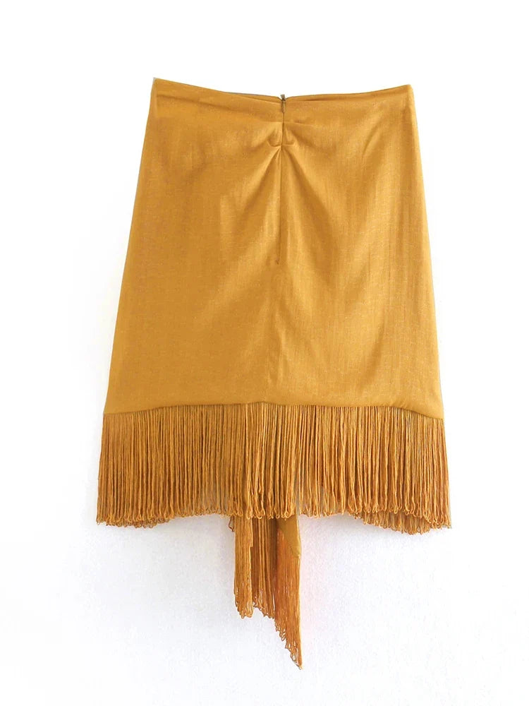 Foridol High Waist Bodycon Tassel Mini Skirt Women Summer Spring Irregular Slit Brown Short Bowknot Skirt Ladies Bottoms Brown