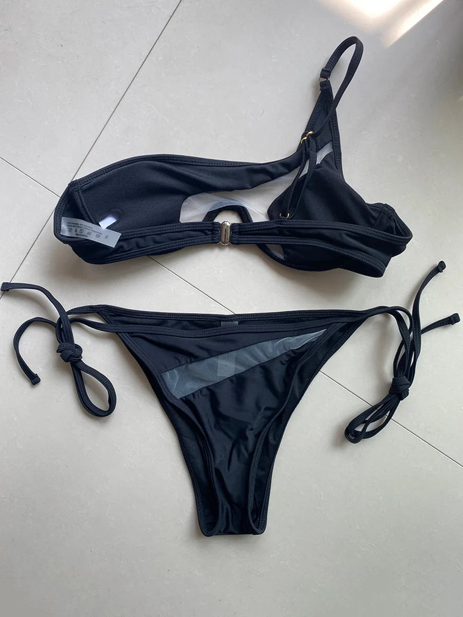 One Shoulder Mesh Bikinis Underwired V-Bar Bikini Women Swimwear Female Swimsuit Two-pieces Bikini Set Push Up Bathing Suit Swim
