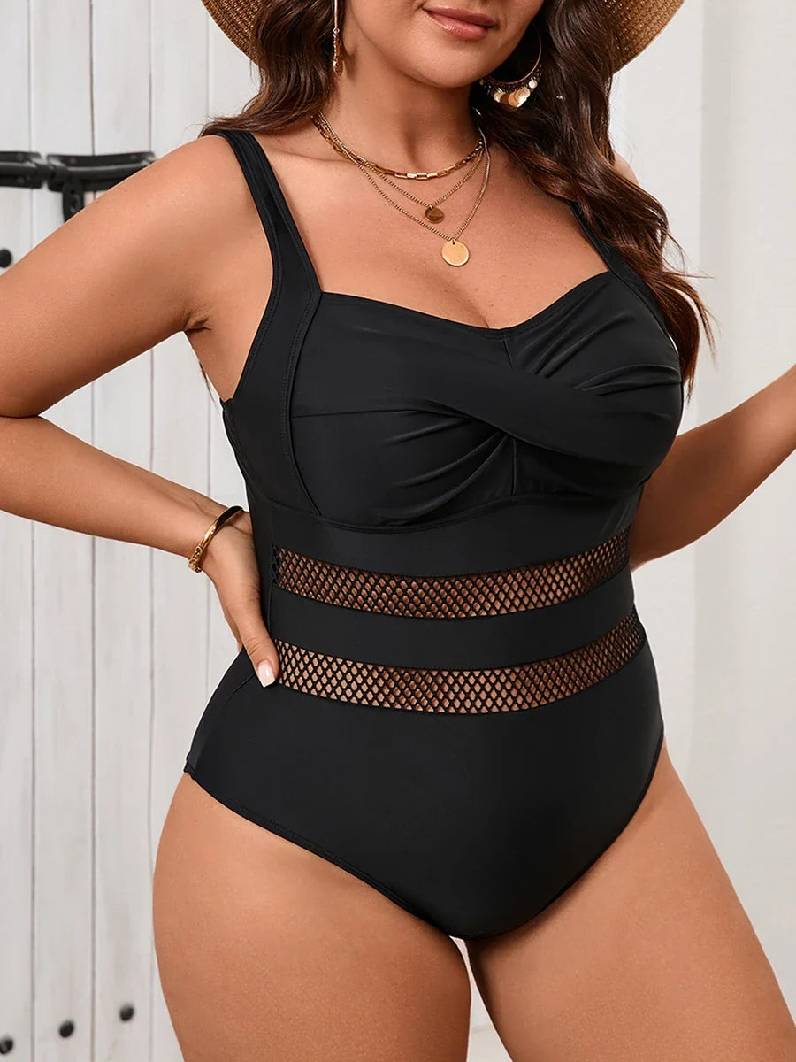2026 Mesh Swimsuit Women One Piece Black Strappy Large Plus Big Size Swimwear Female Bathers Bathing Swimming Swim Suit 0XL-5XL