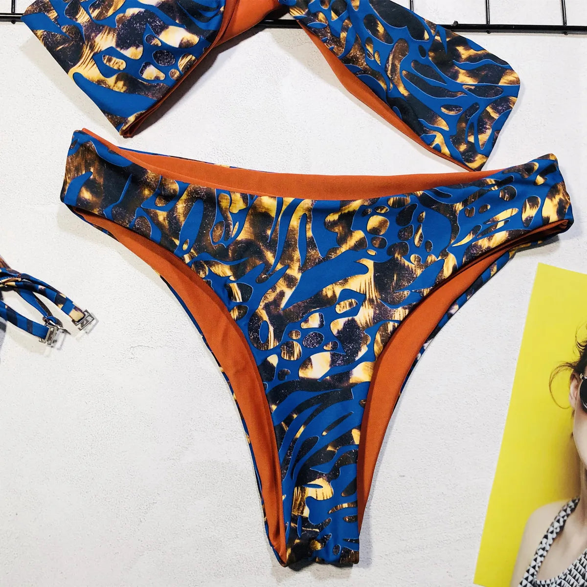 2026 Sexy Bikini Bandeau Women Blue Print Bowknot Swimwear Swimsuit Bikinis Set Bathing Suit Beach Bikini Female Removable Strap