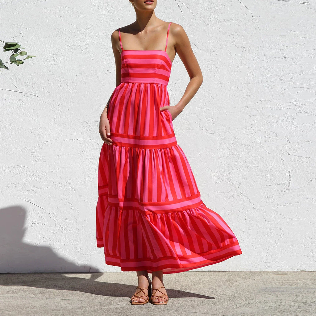 Women's Striped Print Dress Sleeveless Spaghetti Strap Square Neck Tiered Long Dress for Holiday Casual Boho Sundress