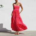 Women's Striped Print Dress Sleeveless Spaghetti Strap Square Neck Tiered Long Dress for Holiday Casual Boho Sundress
