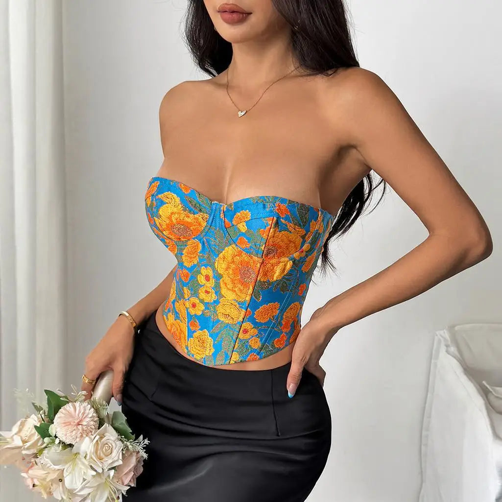 French Retro Jacquard Oil Sunflower Painting Vest Tank Top Women Off Shoulder Slim Fishbone Corset Back Criss Cross Club Tops