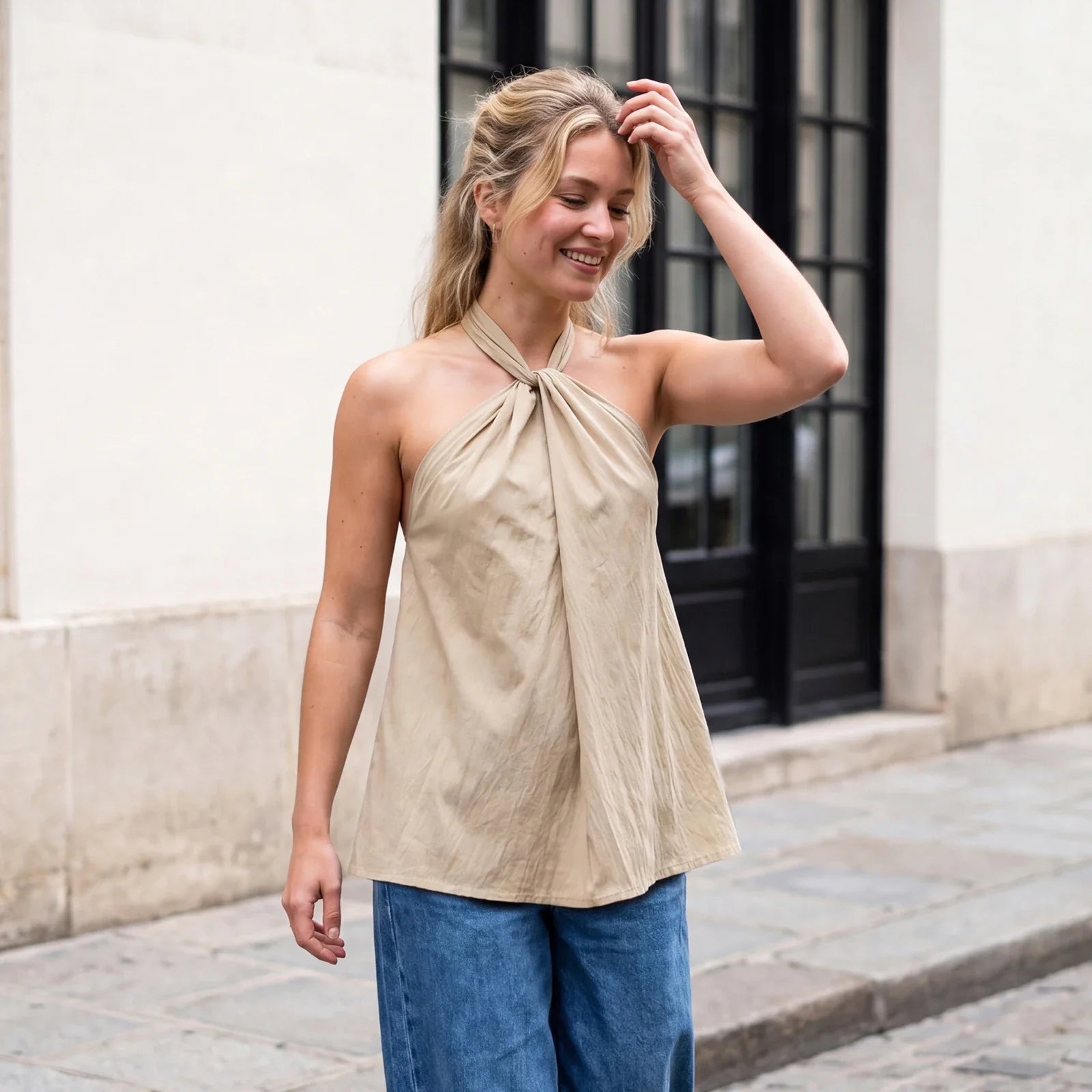 Women Tie-up Halter Tops Loose Solid Color Sleeveless Open Back Ruffled Vest Stylish Summer Streetwear