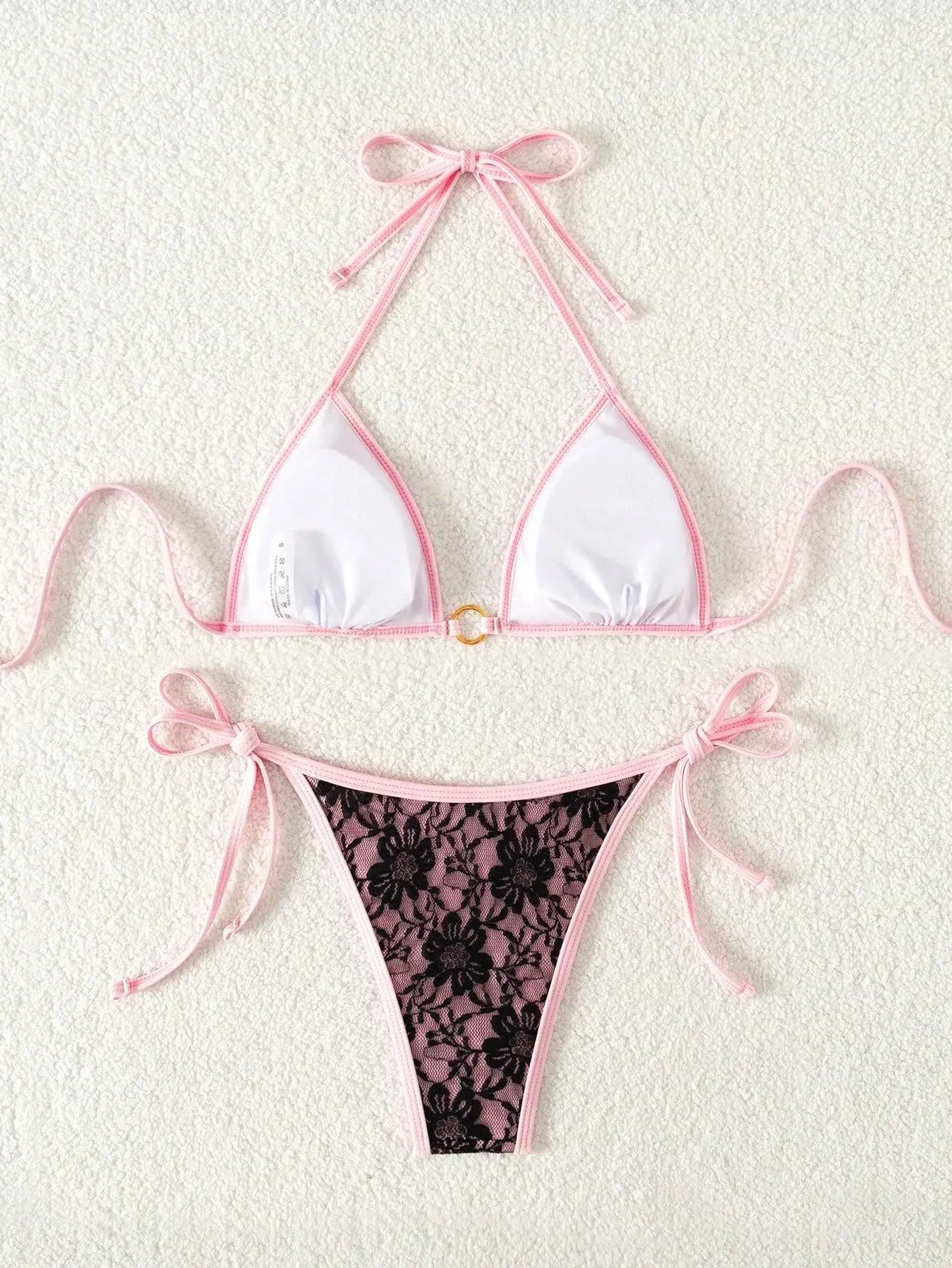 Embroidery Mesh Lace Halter Bikini Female Swimsuit Women Swimwear Two-pieces Bikini Set High Cut Bathing Suit Swim Beach Wear