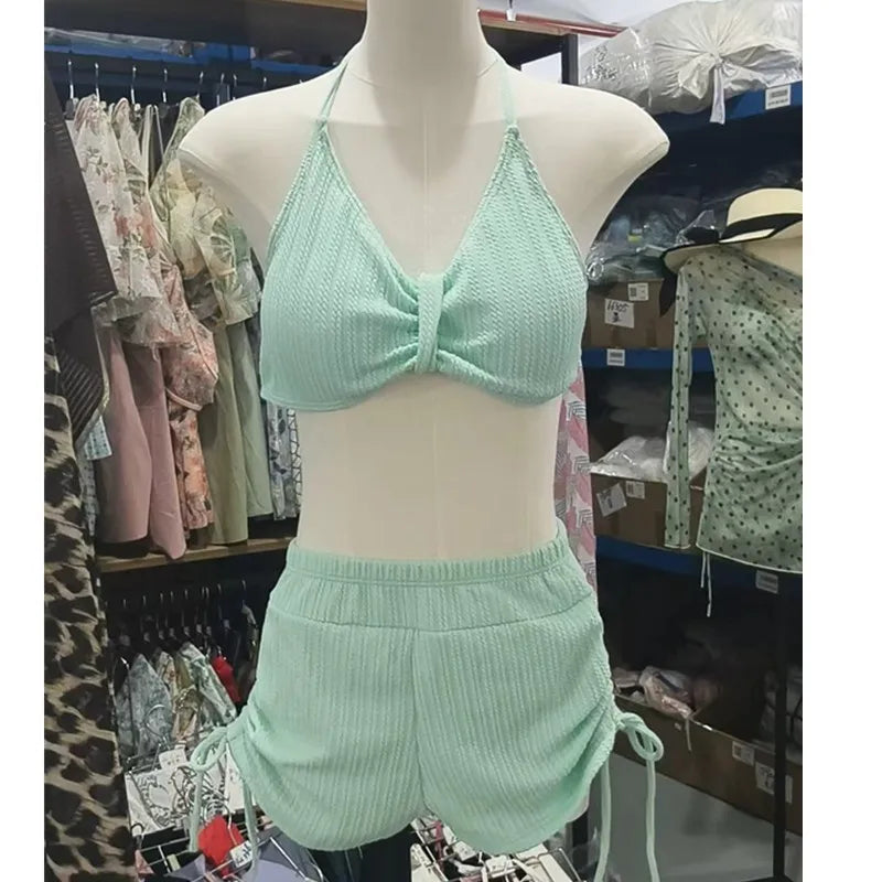 New Sweet Long Sleeve Dot Print Cover Up 3 Piece Bikini Set 2026 Swimwear Women Push Up Bra Drawstring Side High Waist Swimsuit