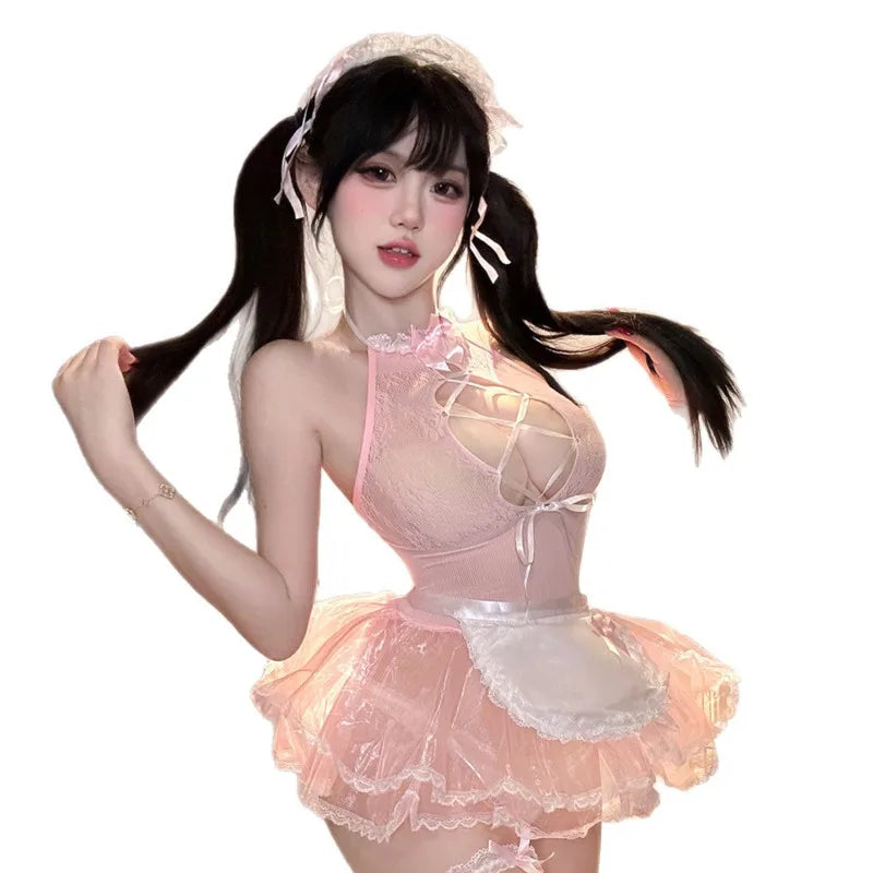 Sexy Hot Maid Uniform Hollow-out Lace Transparent Dress For Woman Hanging Neck Off-the-shoulder Nightclub Wear Dress Sweet TBHM