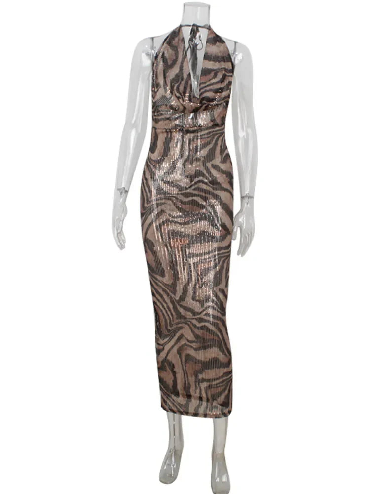Ahagaga Fashion Leopard Sequins Women's Party Dresses Sexy Deep V-Neck Sleeveless Slim Fit Bodycon Maxi Elegant Vestidos Robes