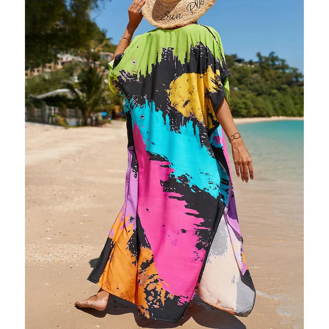 2026 New Colorful Kaftan Tunic Beach Dress Beach Wear Beachwear Beach Cover Up Cover-upsLoose Maxi Dress Female Women V4428