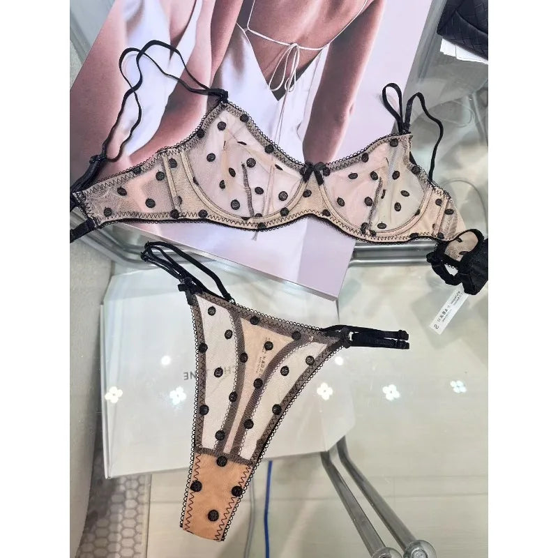 Elegant French Lingerie Set Sexy Lace Dotted Mesh Bra, Ultra Thin Large Bust Minimizer Push Up Anti Sagging Comfort MOYISU 32-38